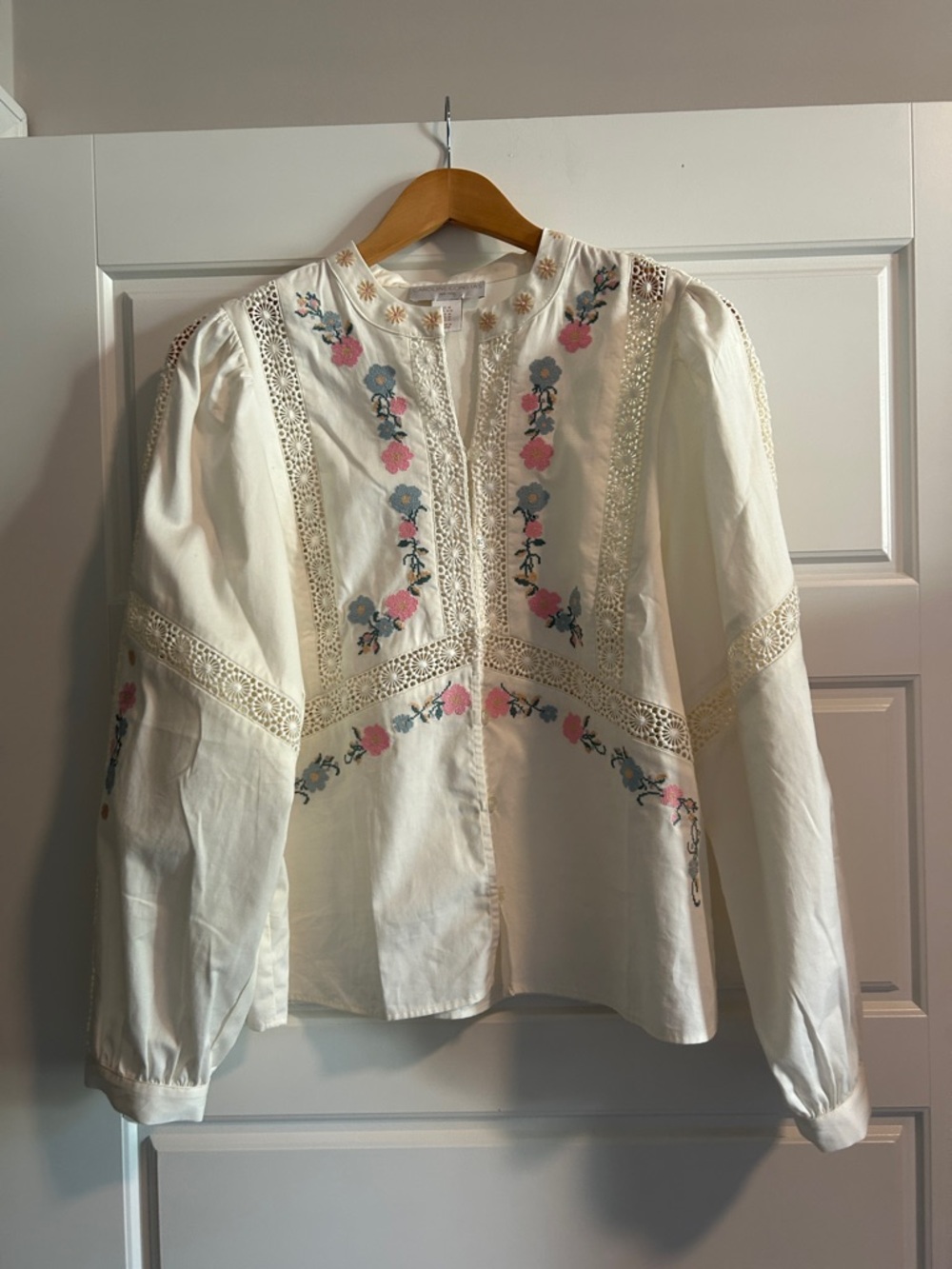 Caroline Constas Cream Blouse with Pink & Blue Floral Embroidery
